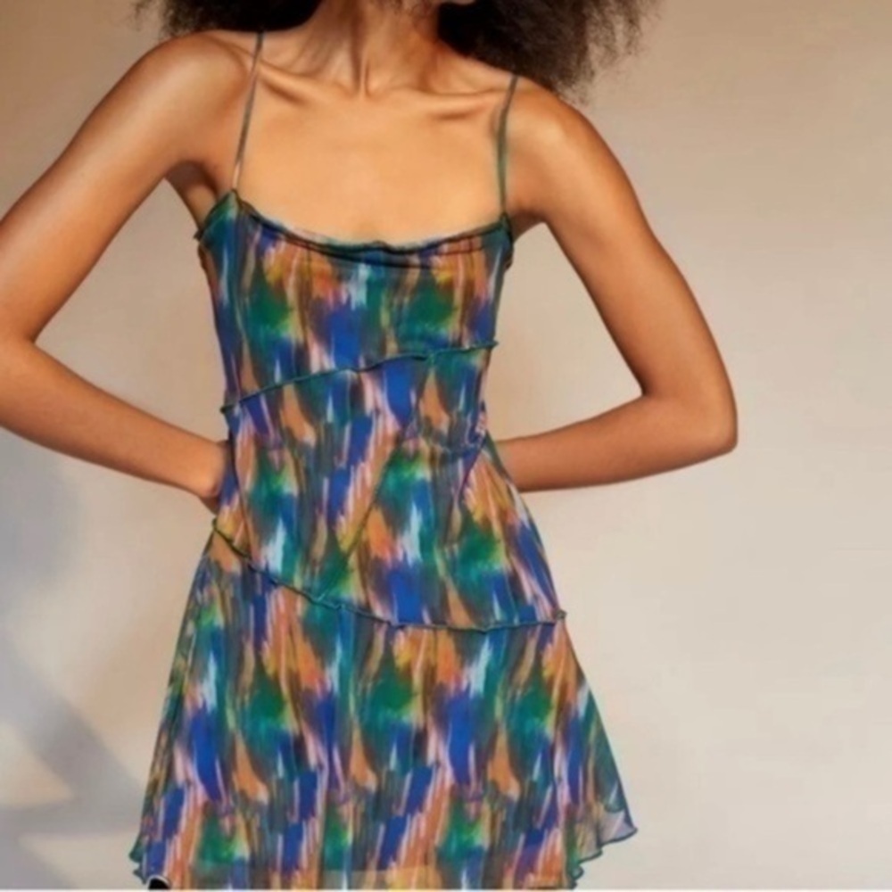 Urban Outfitters Moxie mesh multi colored lettuce hem slip dress size Large L J